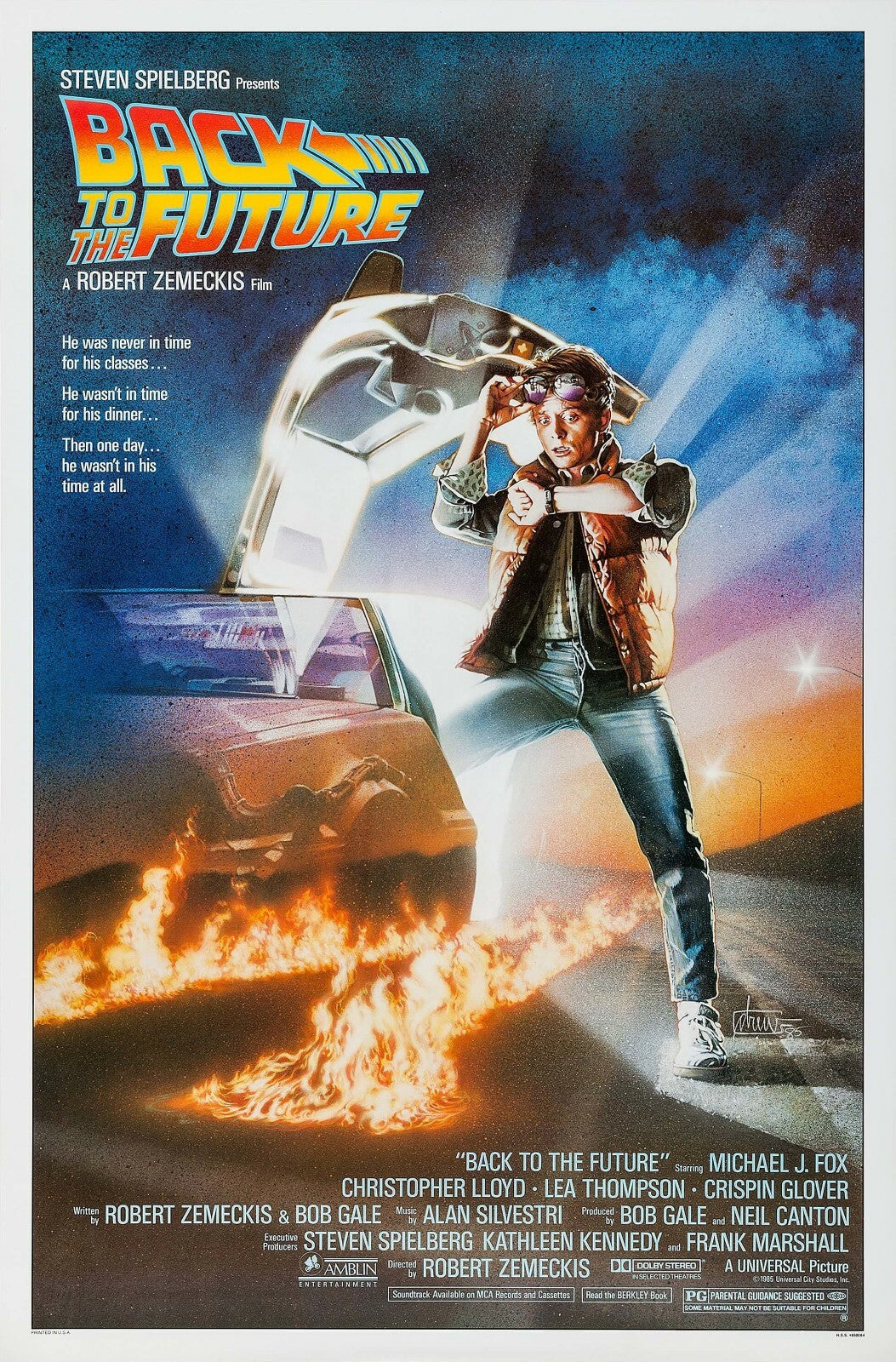 Movie poster for 'Back to the Future' featuring a person in a leather jacket and glasses standing next to a Delorean Time Machine. Don Fullilove is Goldie Wilson